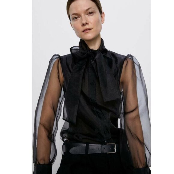 Zara Organza Semi-Sheer Blouse Top w/ Tie Black Color NWT.